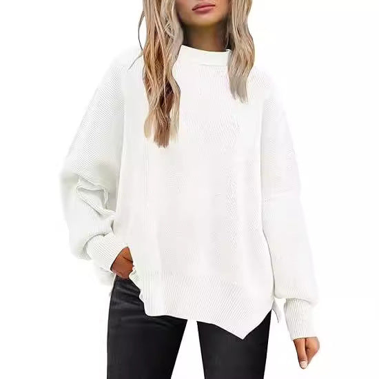 Thick Needle Side Slit Sweater Round Neck Loose Solid Color Batwing Long Sleeve Sweater for Women