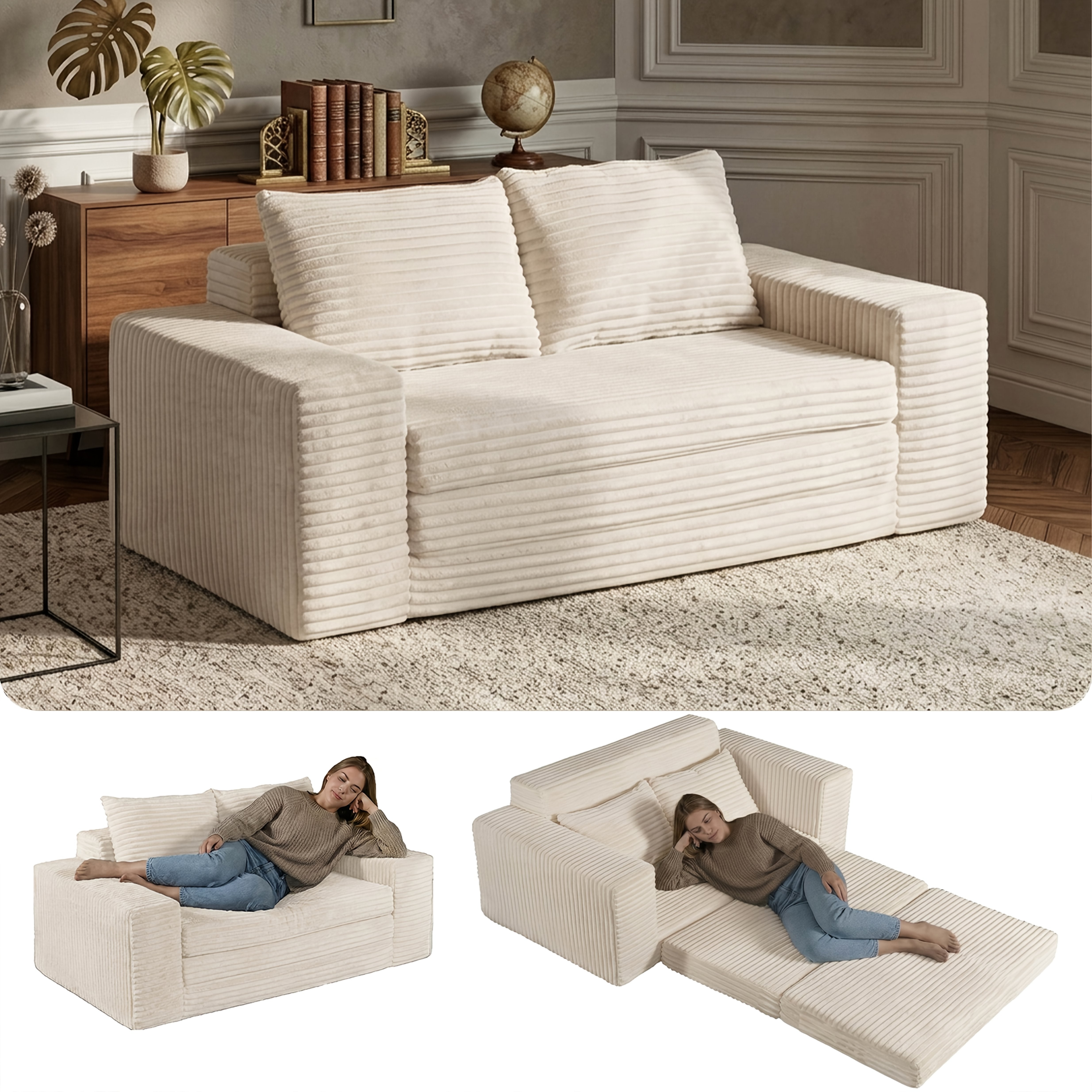 80 Inch Convertible Sofa Bed with Corduroy Futon Cushion
