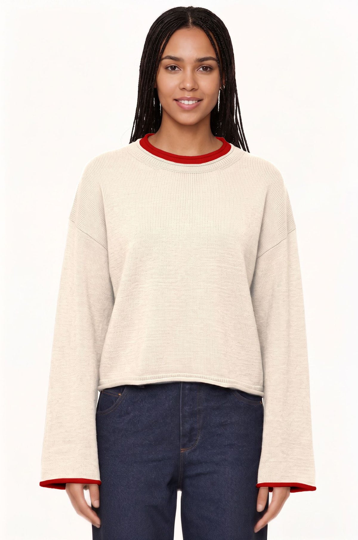 Womens Pullover Sweater Loose-fit Round-neck Casual Knit Top