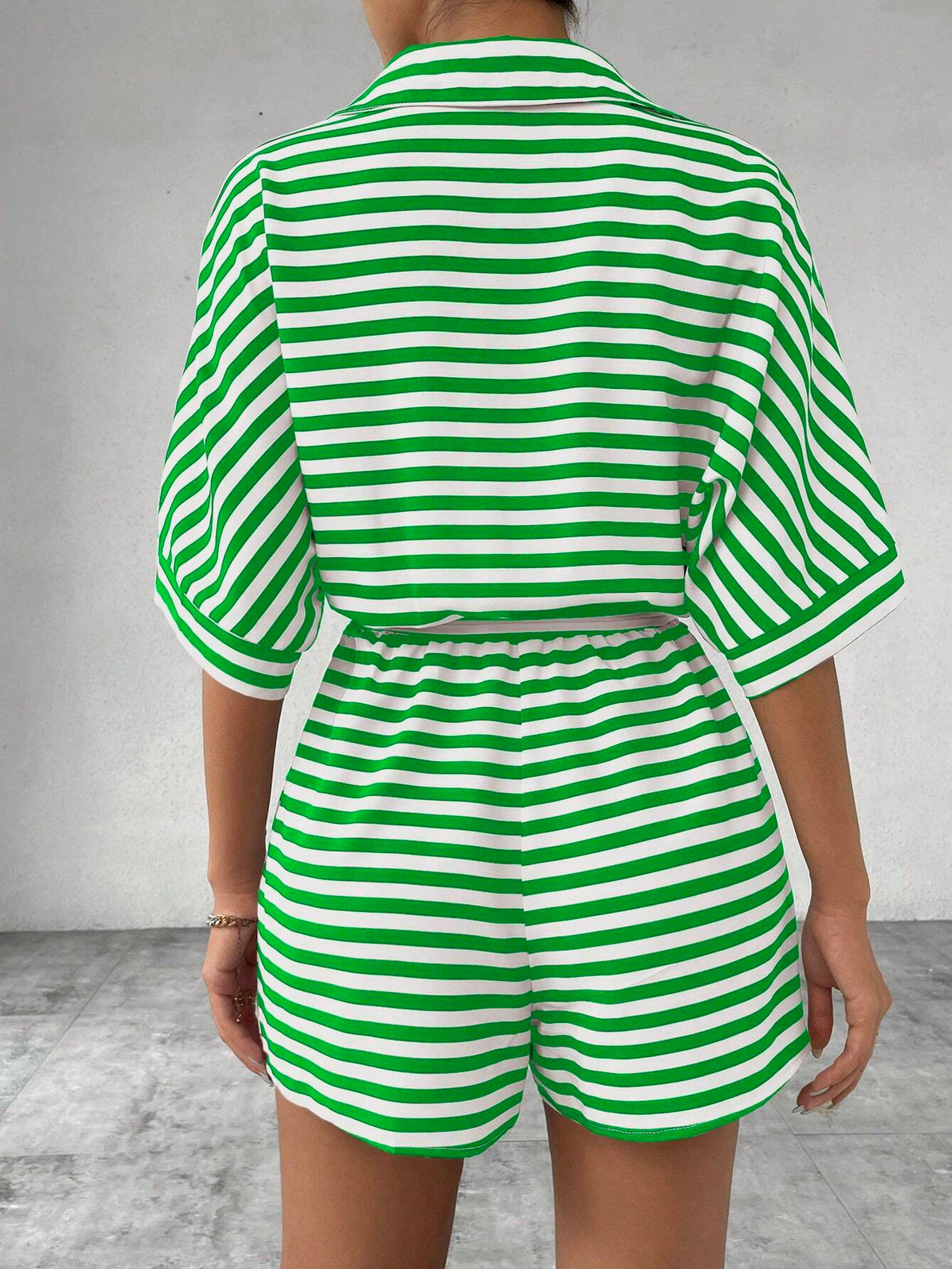 Summer Striped Lapel Belted Jumpsuit