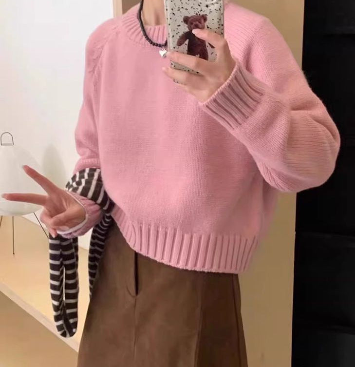 Womens Relaxed-fit Simple Crew-neck Long-sleeve Sweater