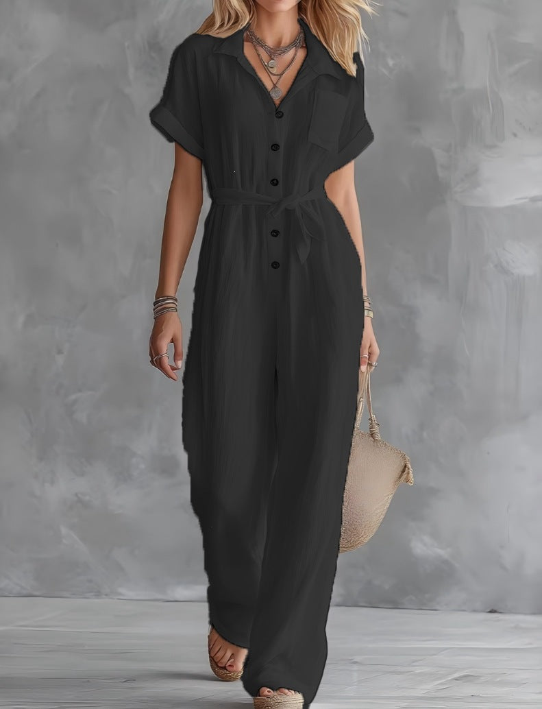 Womens Casual V-Neck Lace-Up Jumpsuit With Pockets