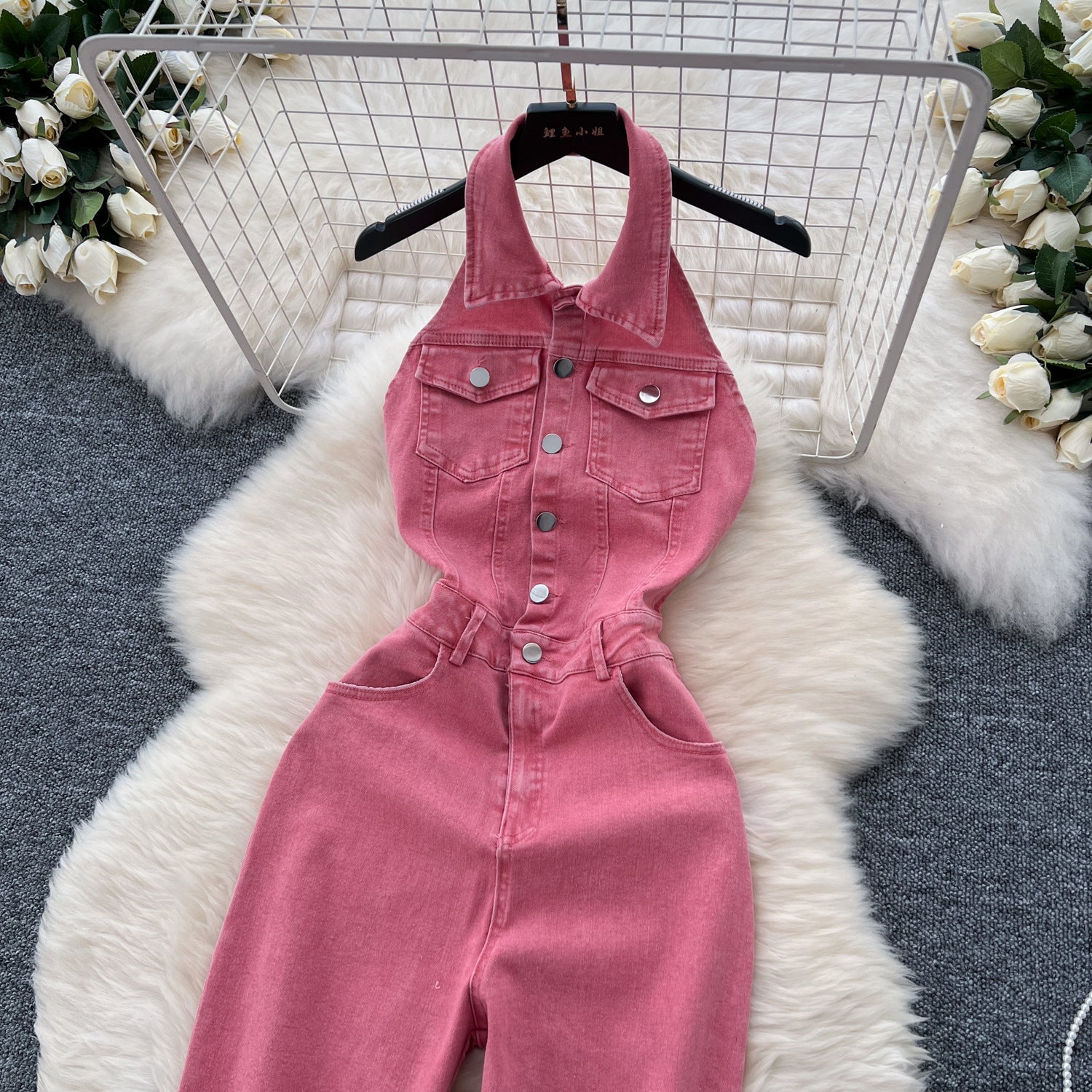 High Waist Backless Slim Fit Denim Jumpsuit