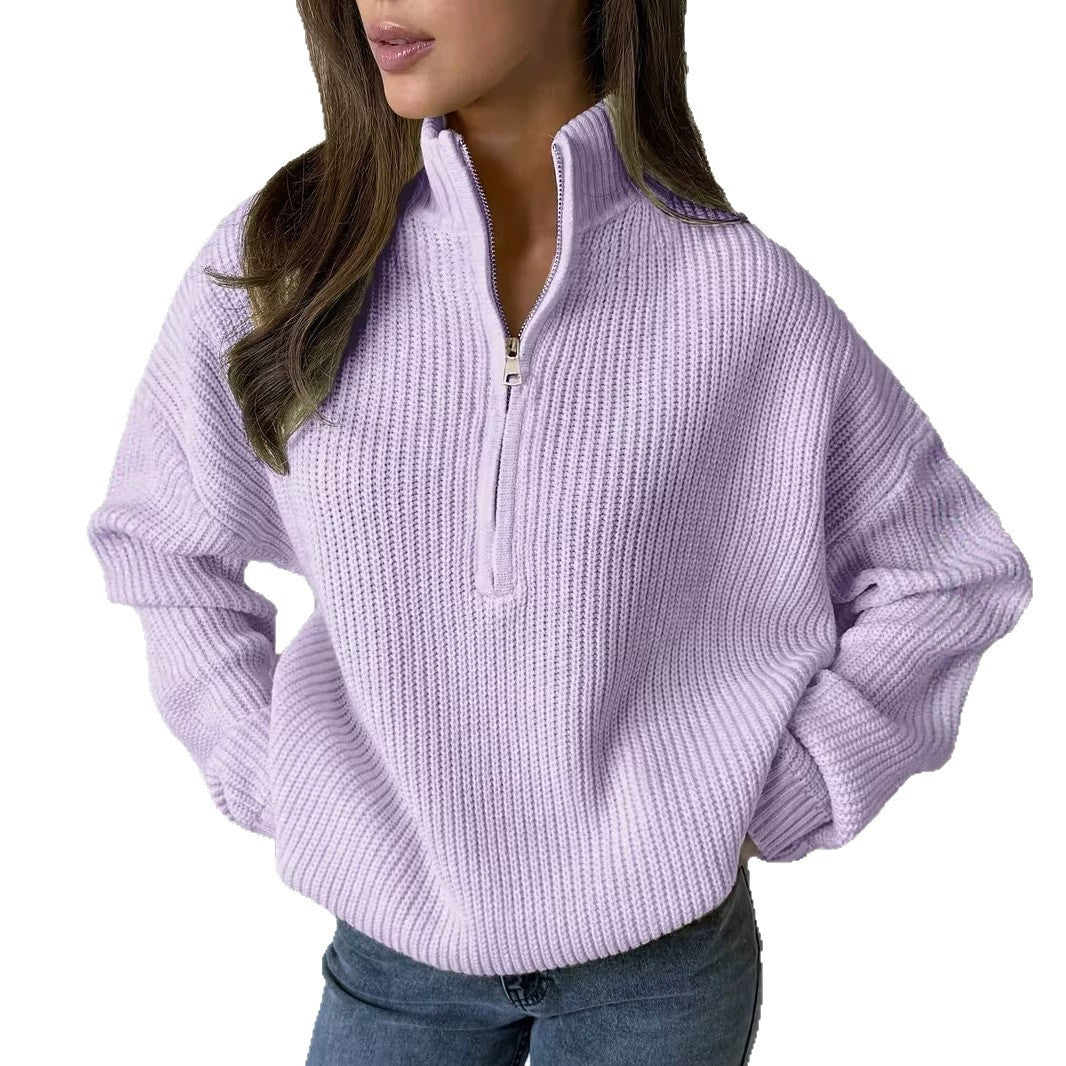 Loose-fitting Versatile Knitted Zip-up Pullover for Outerwear