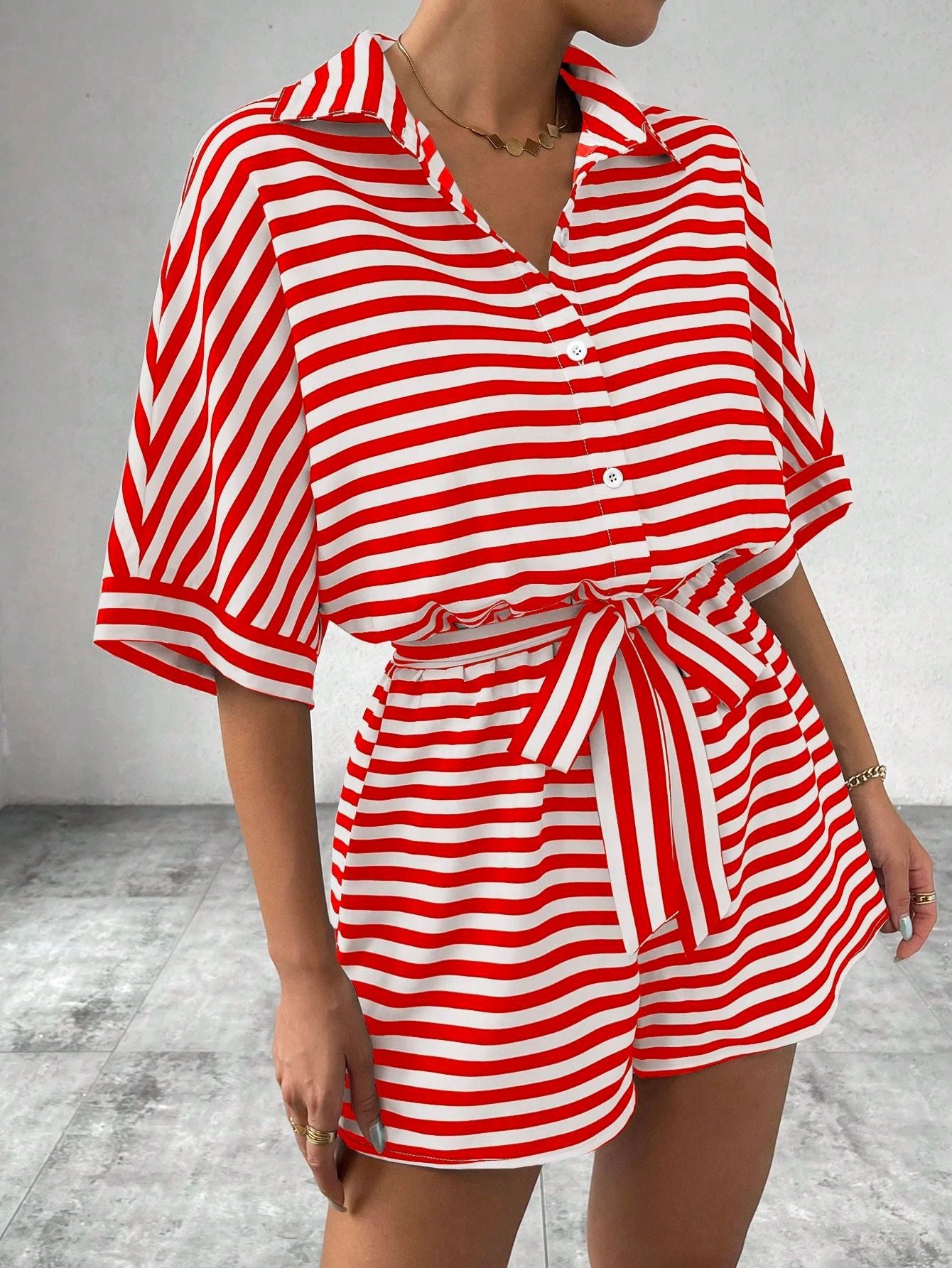 Summer Striped Lapel Belted Jumpsuit
