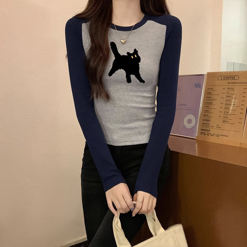 Women's Printed Color-Block Long-Sleeve Slim Top