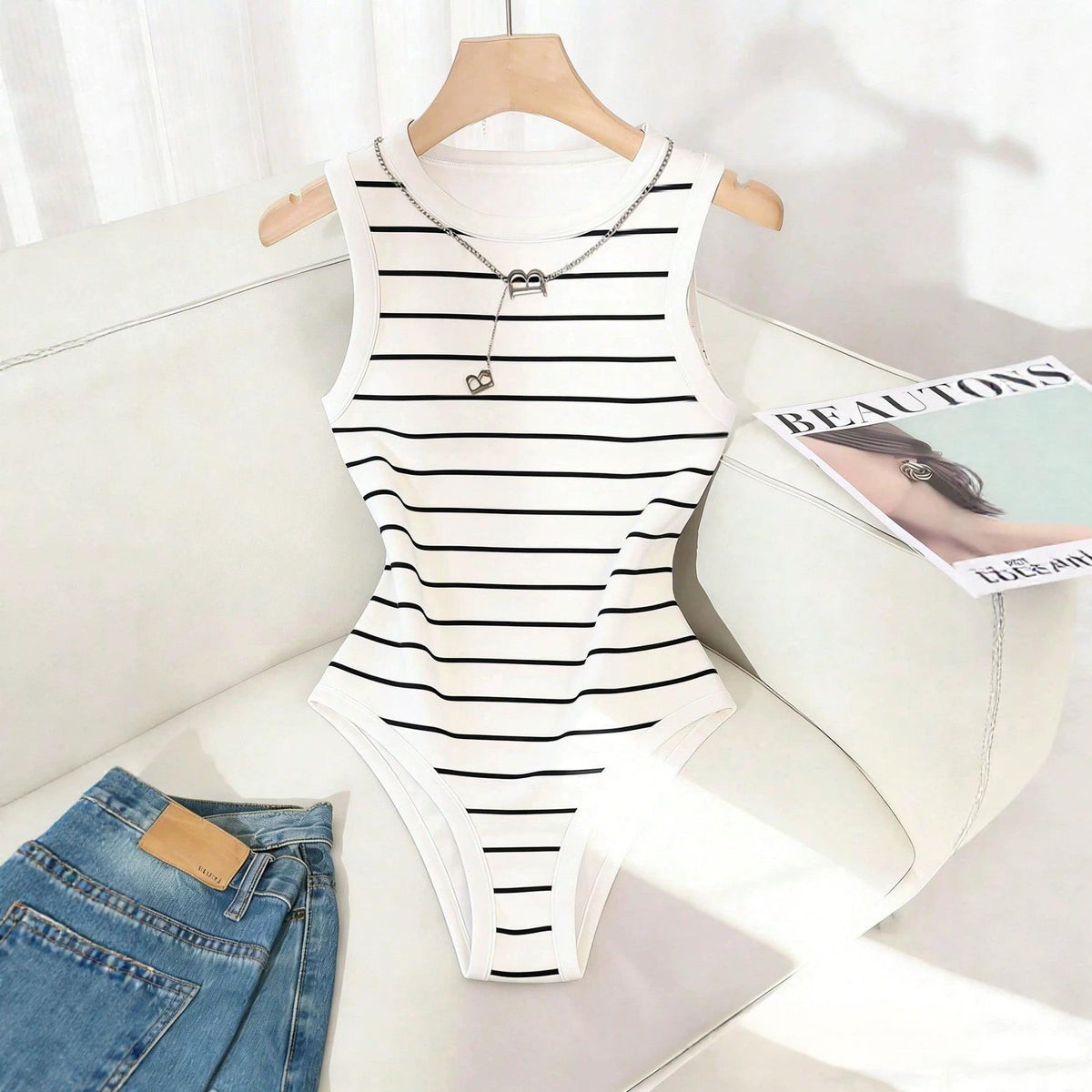 Black And White Striped Sleeveless Bodysuit