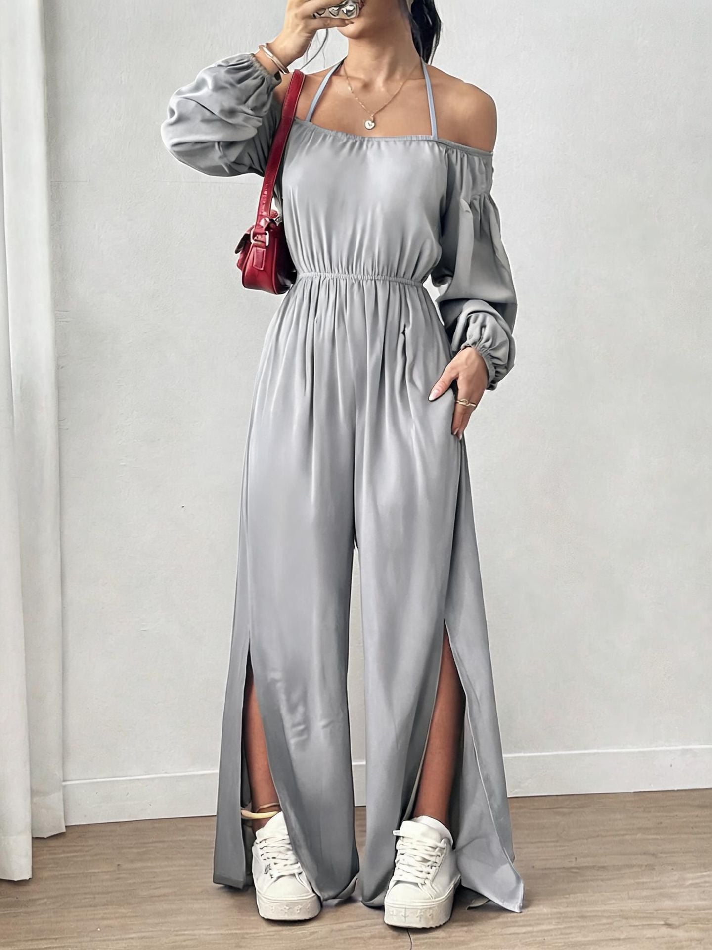 Women's Casual Strapless Slit Wide-Leg Jumpsuit