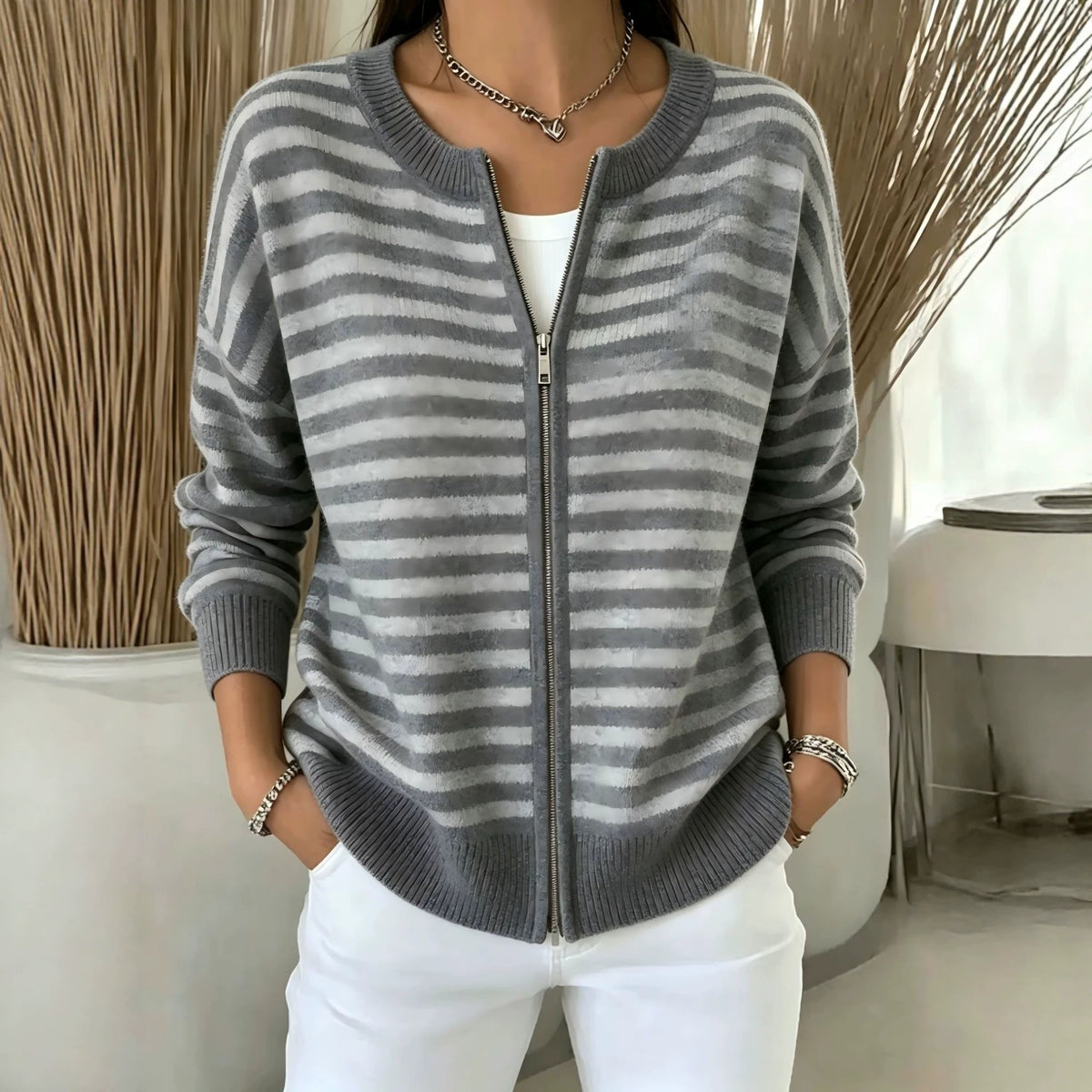 Womens Striped Knitted Cardigan with Zipper
