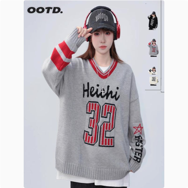 Contrast Color Digital Print Loose Pullover Sweater