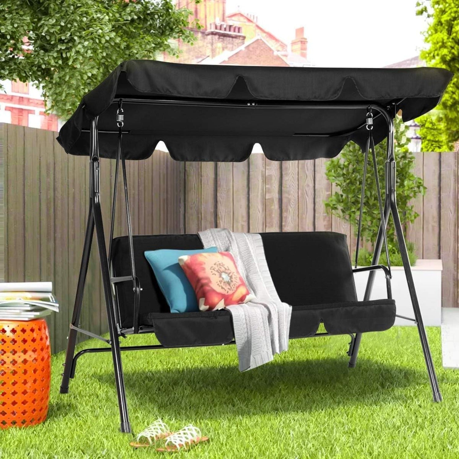 Outdoor Patio Swing Chair, 3 Seat Porch Swing with Adjustable Awning, Outdoor Swing Bench with Removable Cushions for Backyard, Garden, Patio, Poolside, Balcony