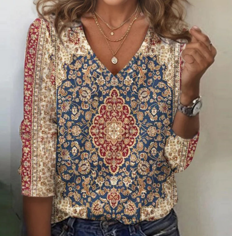 Chic V-Neck Printed Loose Long-Sleeve Top