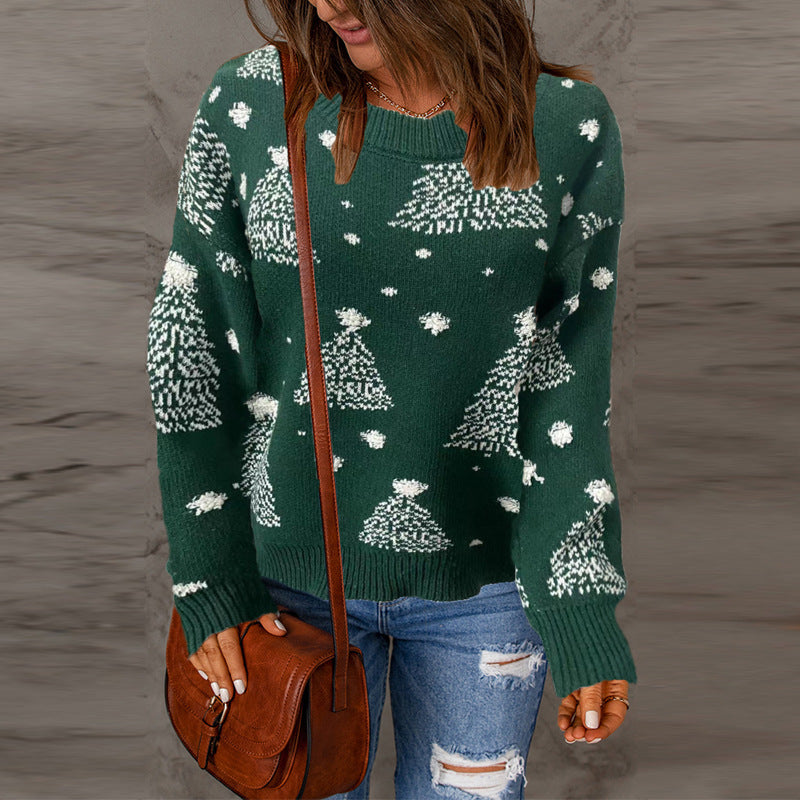 Christmas Sweater Round Neck Long Sleeved Pullover Knitted Jacket for Women