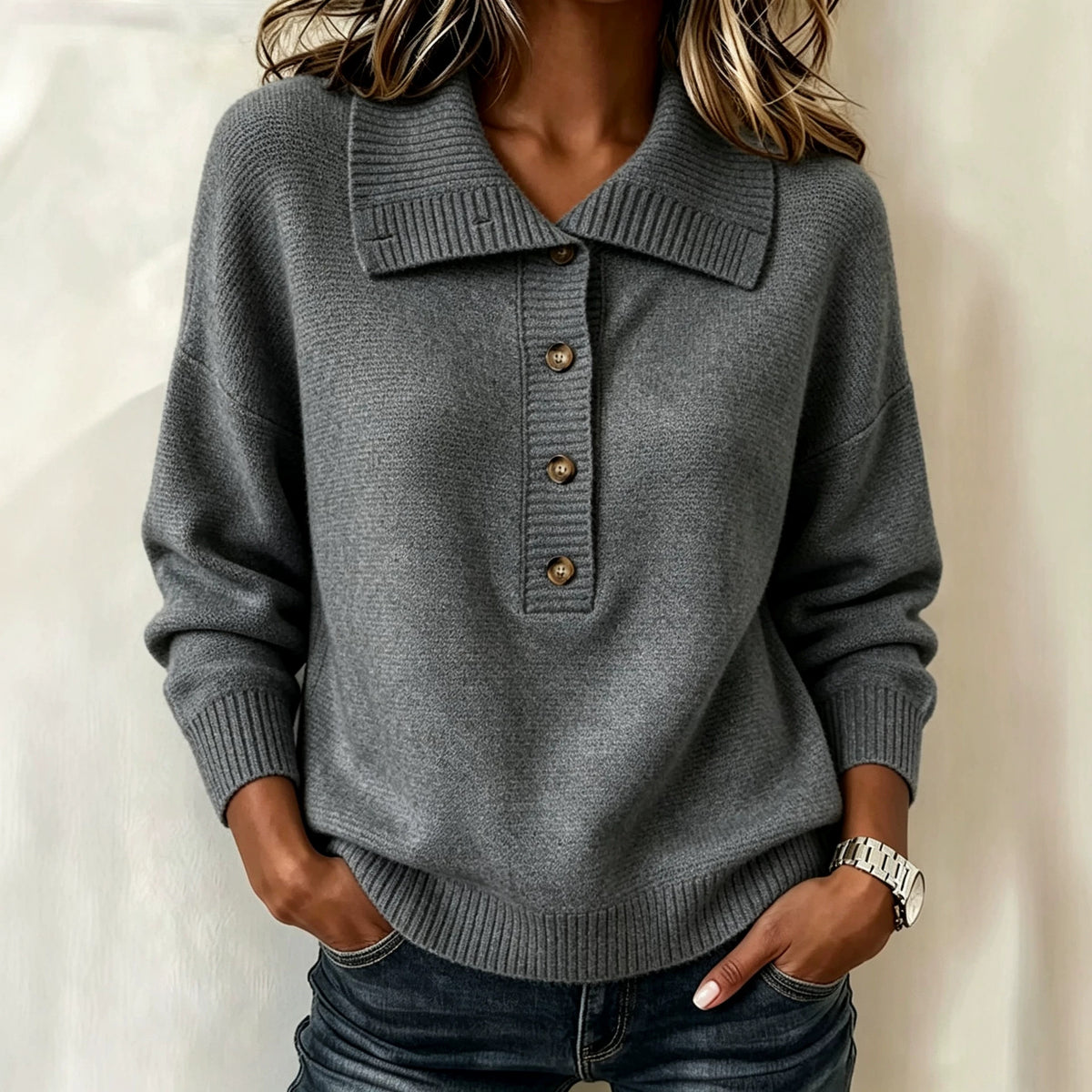 American-style Vintage-buttoned Half-zip Turtleneck Loose-fit Casual Womens Sweater