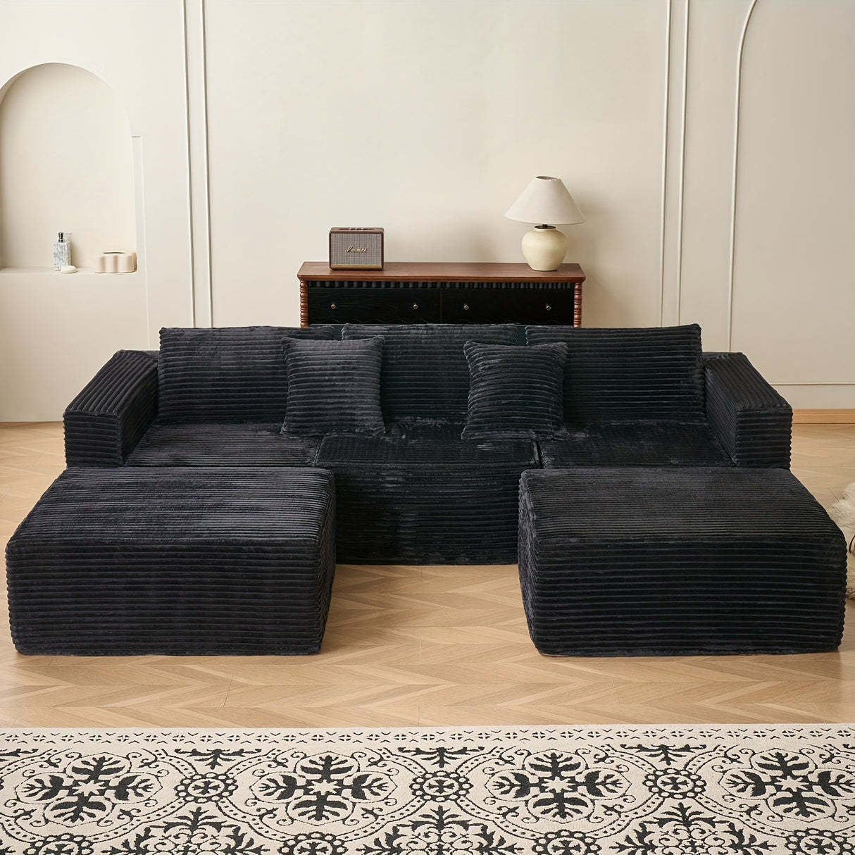 Modular U-Shaped Sofa Modular U-Shaped 110.24-inch Combination Sofa | Striped Fabric Four-Seater with Lounge Chair, Soft Cushion for Living Room & Bedroom - Corduroy, Free-Combination (Black/Gray)