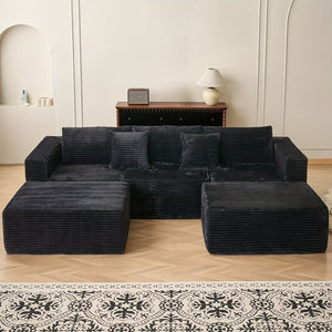 Modular U-Shaped Sofa Modular U-Shaped 110.24-inch Combination Sofa | Striped Fabric Four-Seater with Lounge Chair, Soft Cushion for Living Room & Bedroom - Corduroy, Free-Combination (Black/Gray)