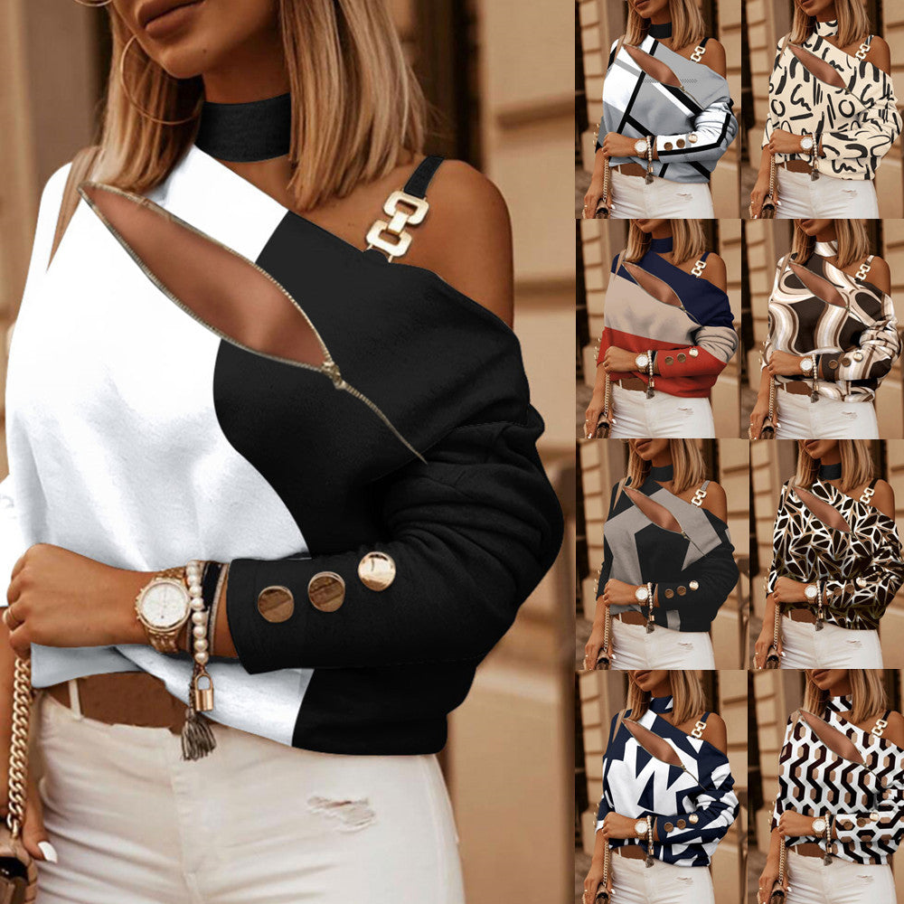 Women's Long-sleeved Chain On Neck Printed Top