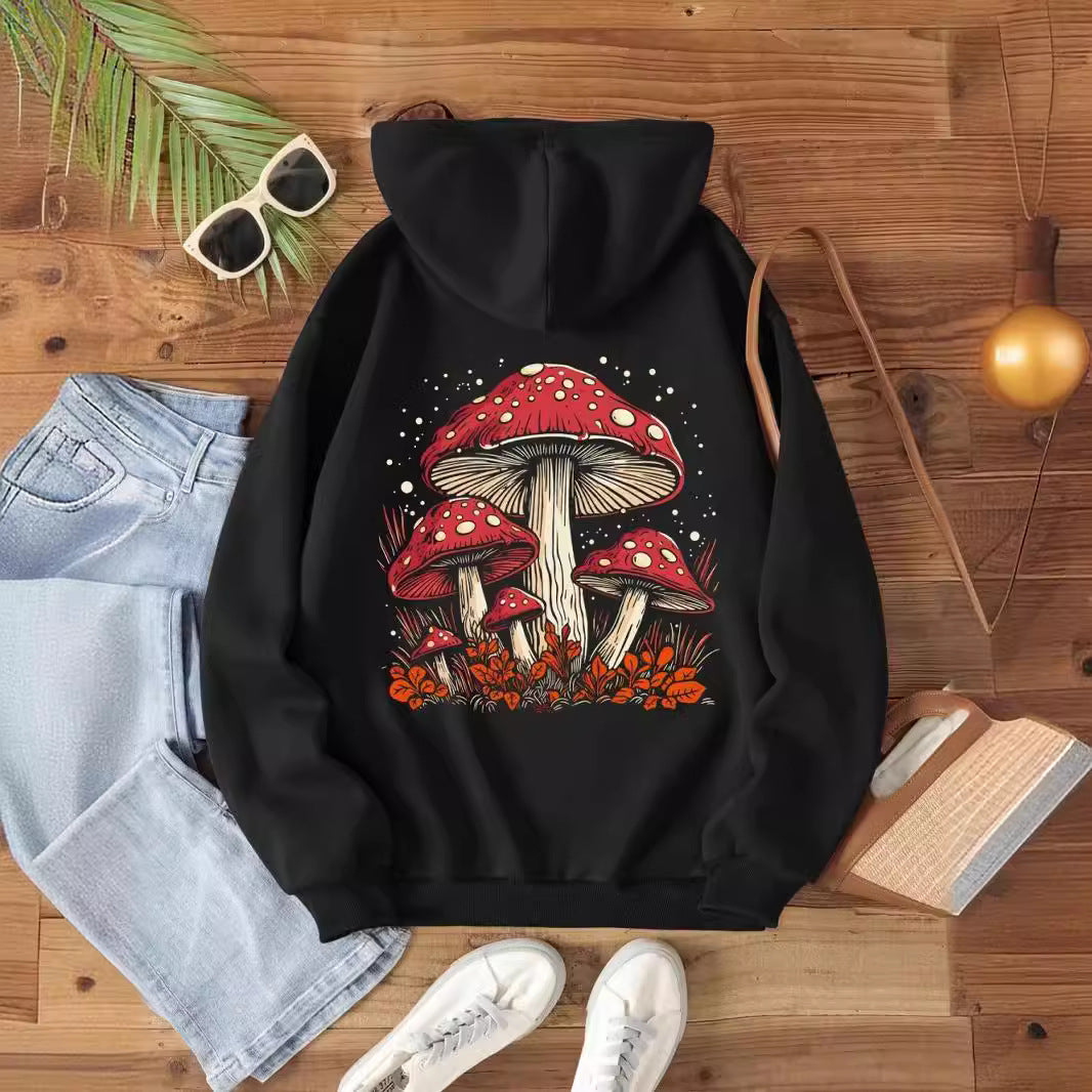 Women's Mushroom Print Velvet Hoodie Streetwear Sweatshirt