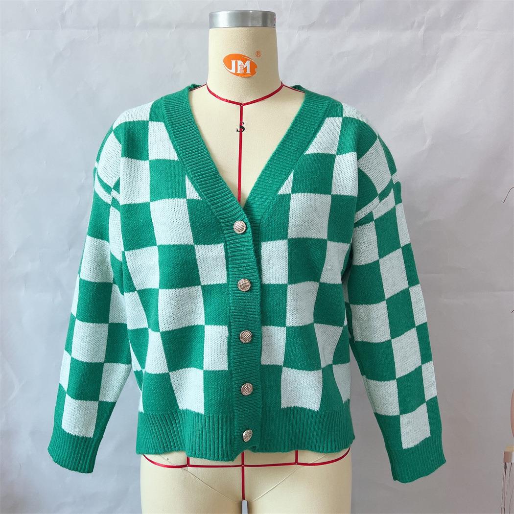 Asian Contrast Color Chessboard Plaid Autumn and Winter Women's Sweater