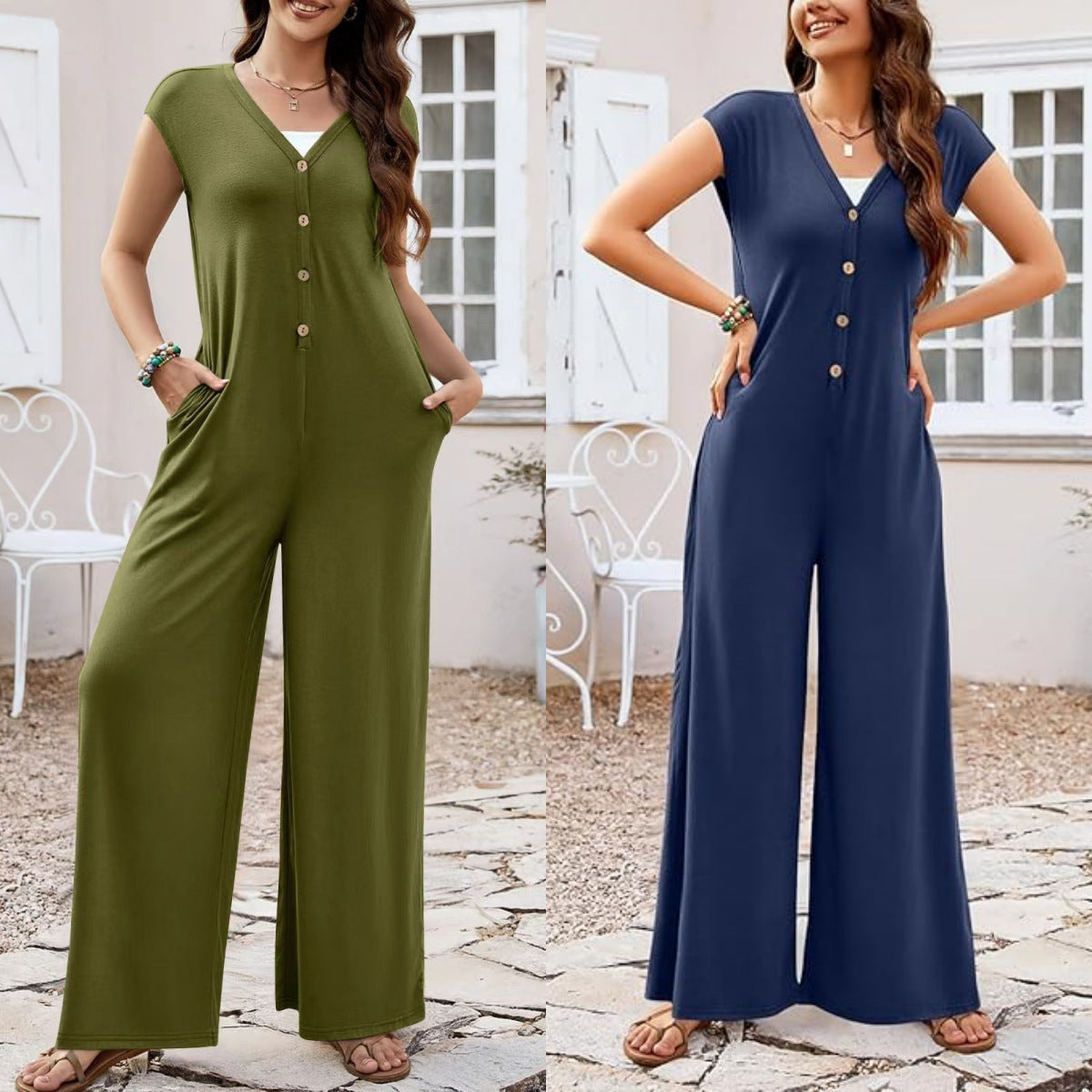 Comfortable Casual Loose-fit Solid-color Jumpsuit With Pockets And Wide-leg Pants