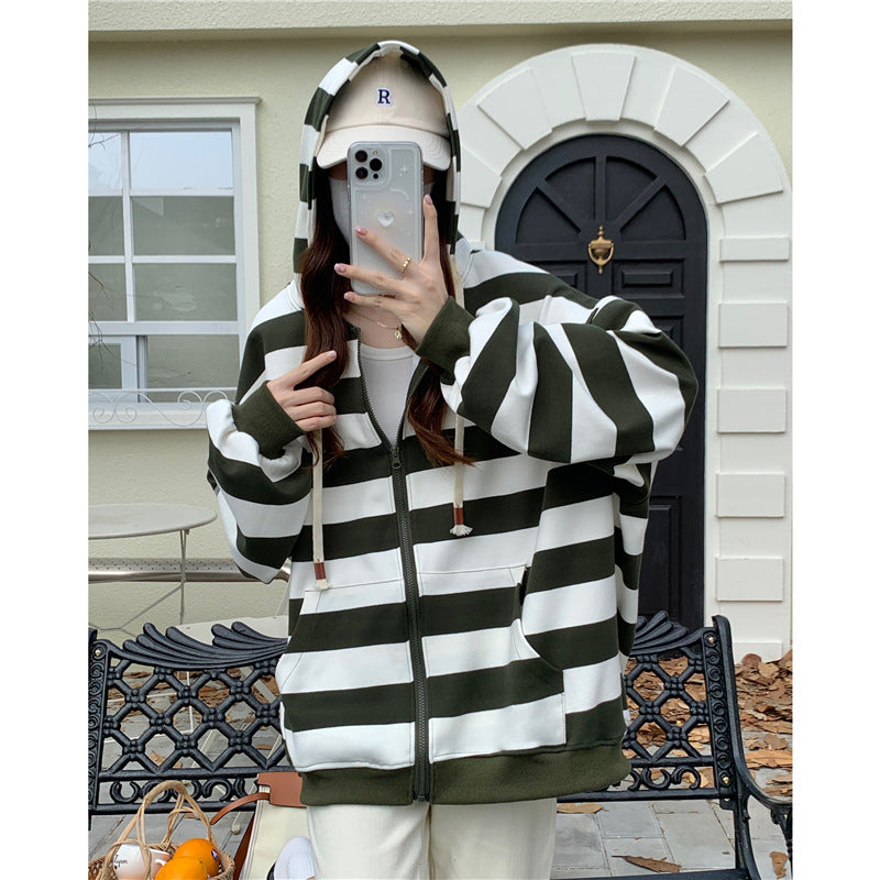 Women's Striped Hooded Zipper Cardigan Loose Sweater