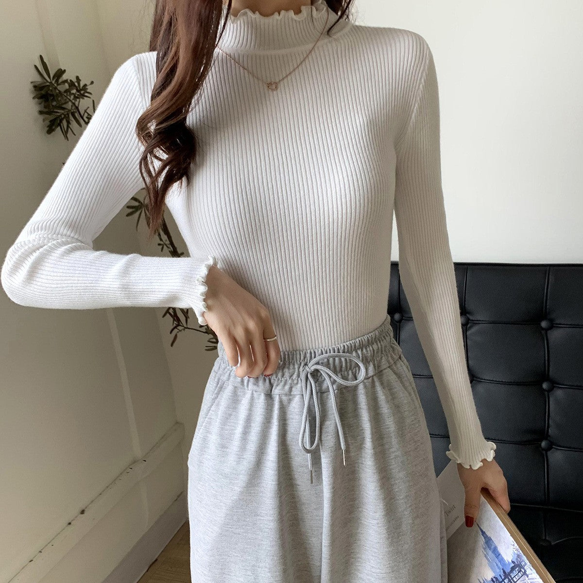 Slim-Fit Mock Neck Long-Sleeve Layering Sweater