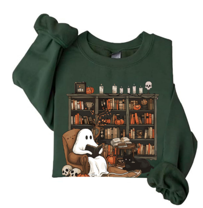 Cozy Black Cat Bookshelf Halloween Sweatshirt