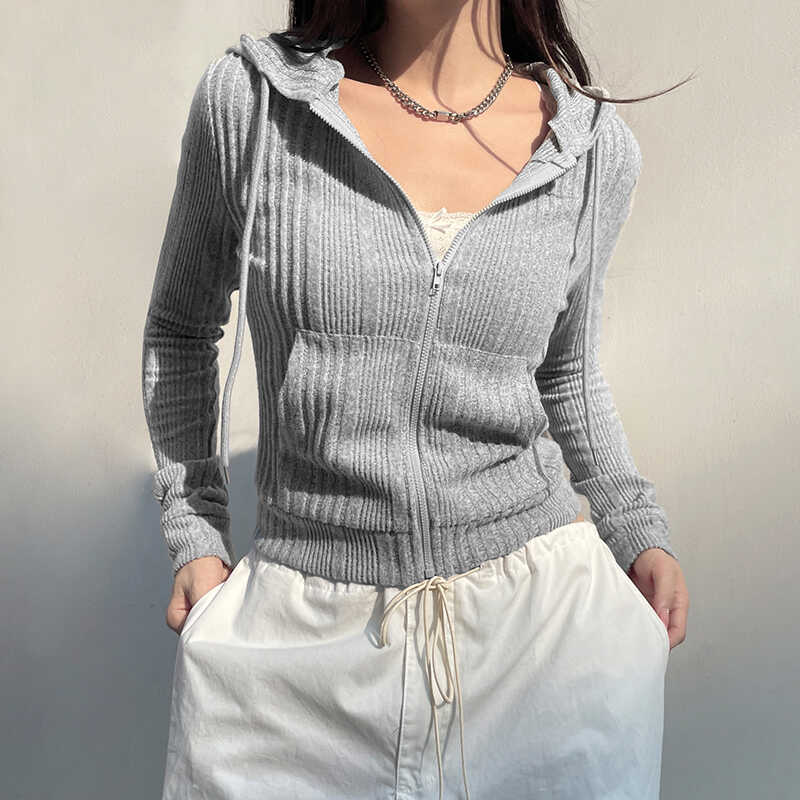 Cozy Grey Hooded Knit Cardigan with Zipper