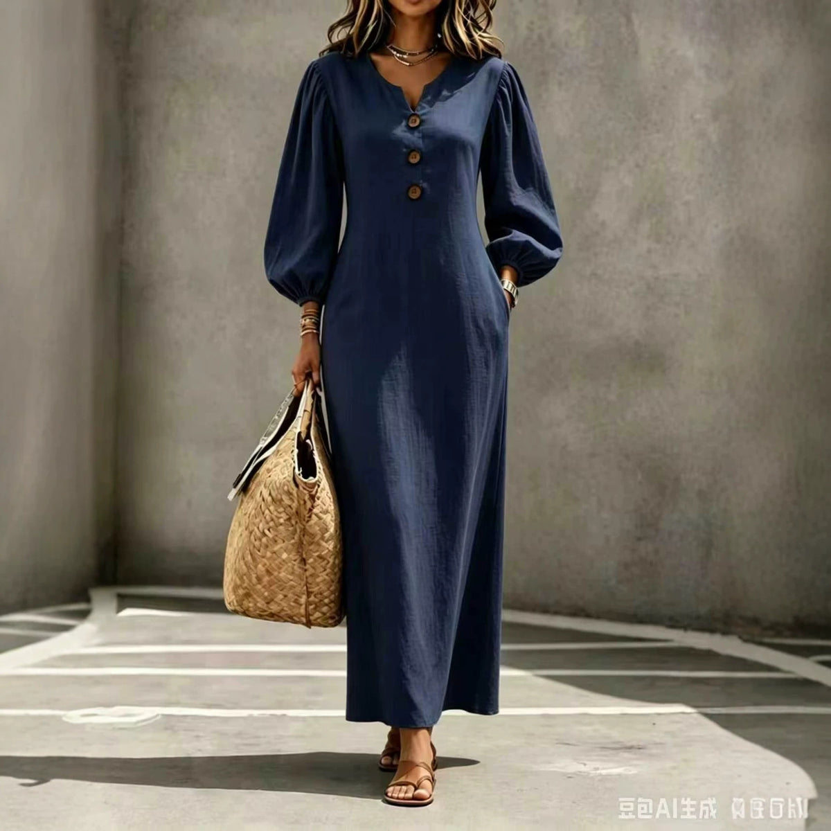 V-Neck Button Puff Sleeve Casual Long Dress