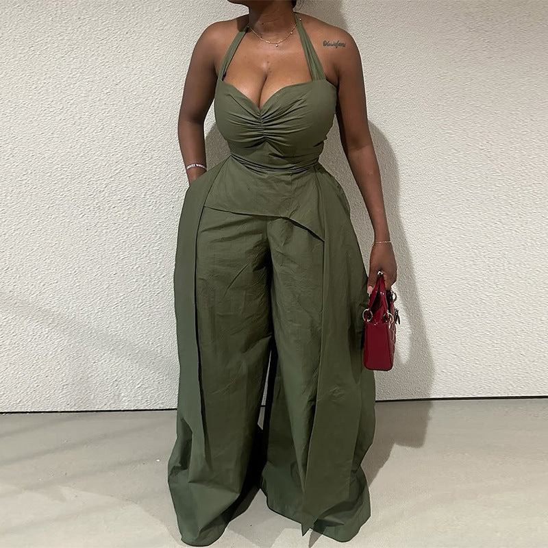 Halter V-Neck High Waist Wide Leg Jumpsuit