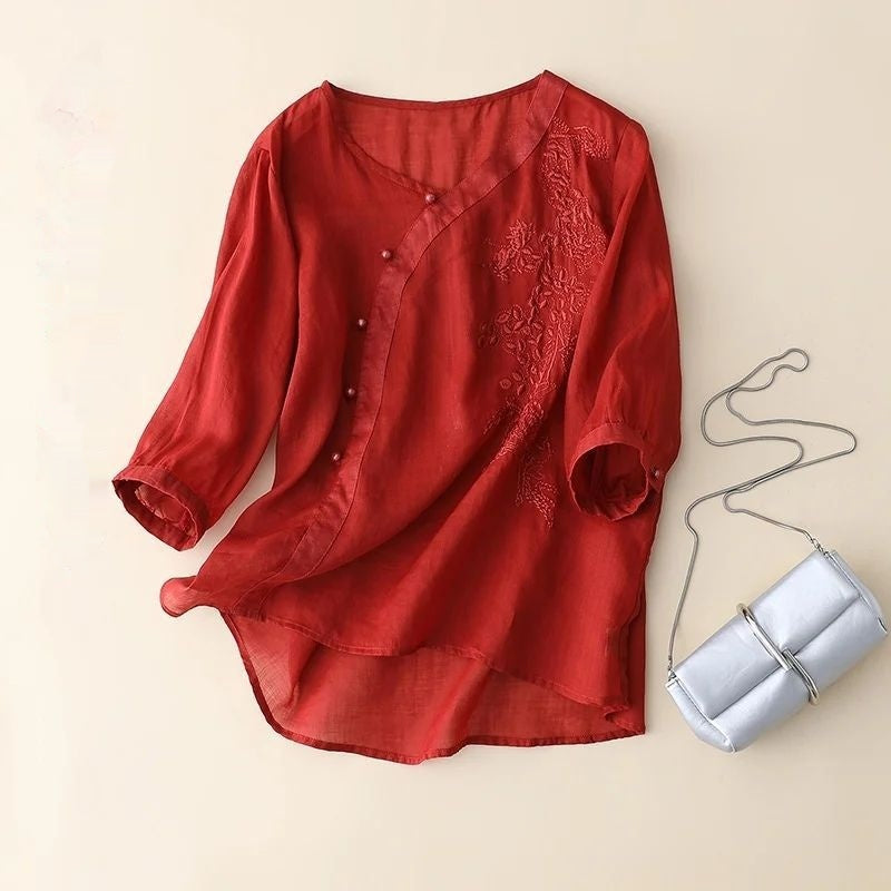 Plus Size Slimming Cotton And Linen Top With Buckle Loose Cotton-linen Shirt Women