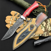 1pc Hand-Forged Damascus Fixed Blade Knife with Wooden Handle and Leather Sheath for Easy Portability and Fast Cutting