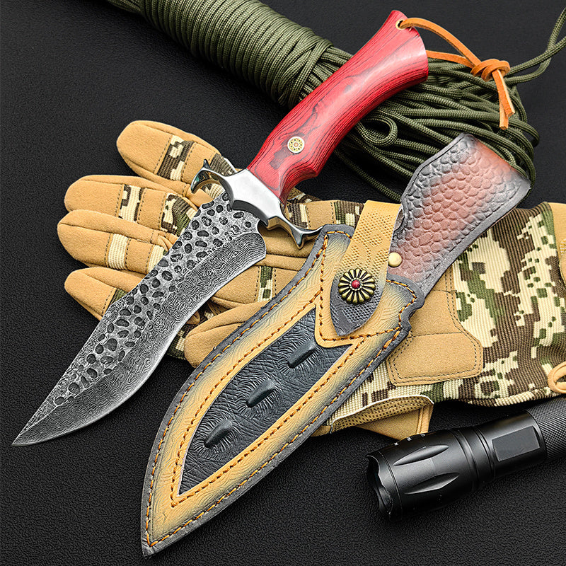 1pc Hand-Forged Damascus Fixed Blade Knife with Wooden Handle and Leather Sheath for Easy Portability and Fast Cutting