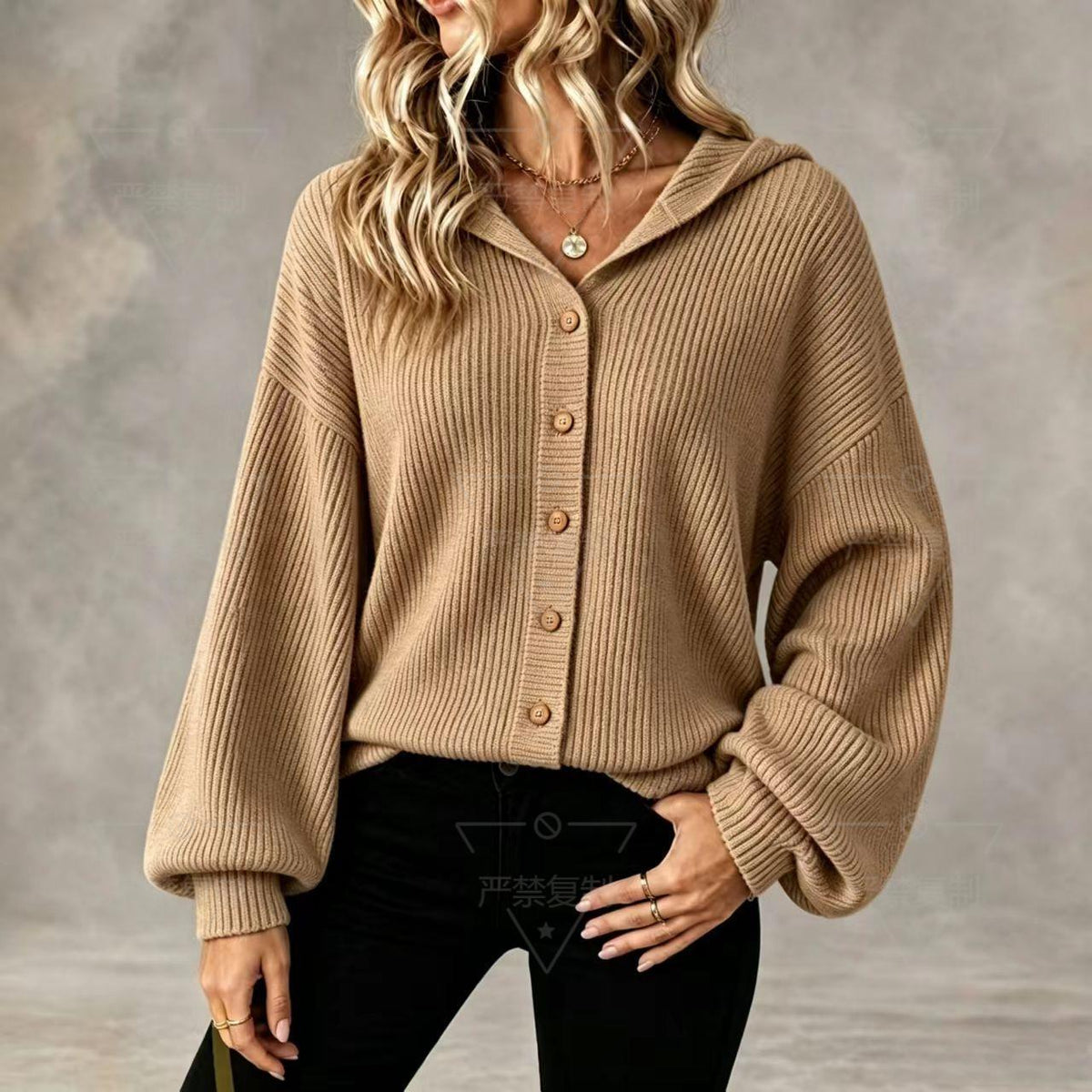 Hooded Knitted Cardigan Loose-sleeved Corduroy Coat with Buttons for Women