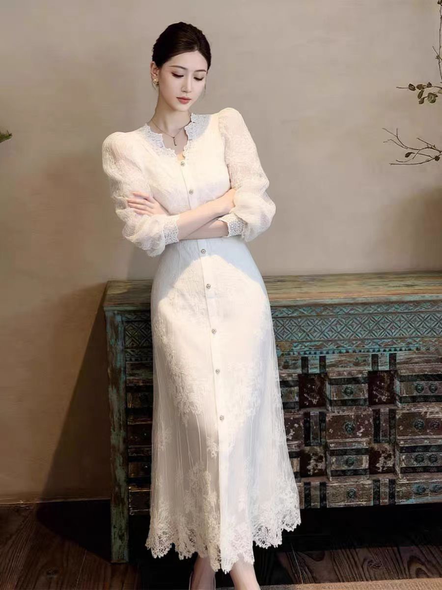 Elegant French White Lace Dress & Coat Set