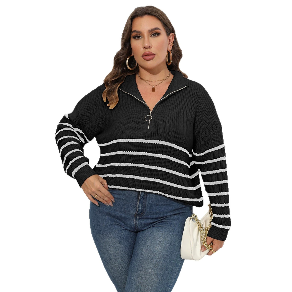 Autumn and Winter New Semi High Neck Zipper Contrasting Knitted Sweater