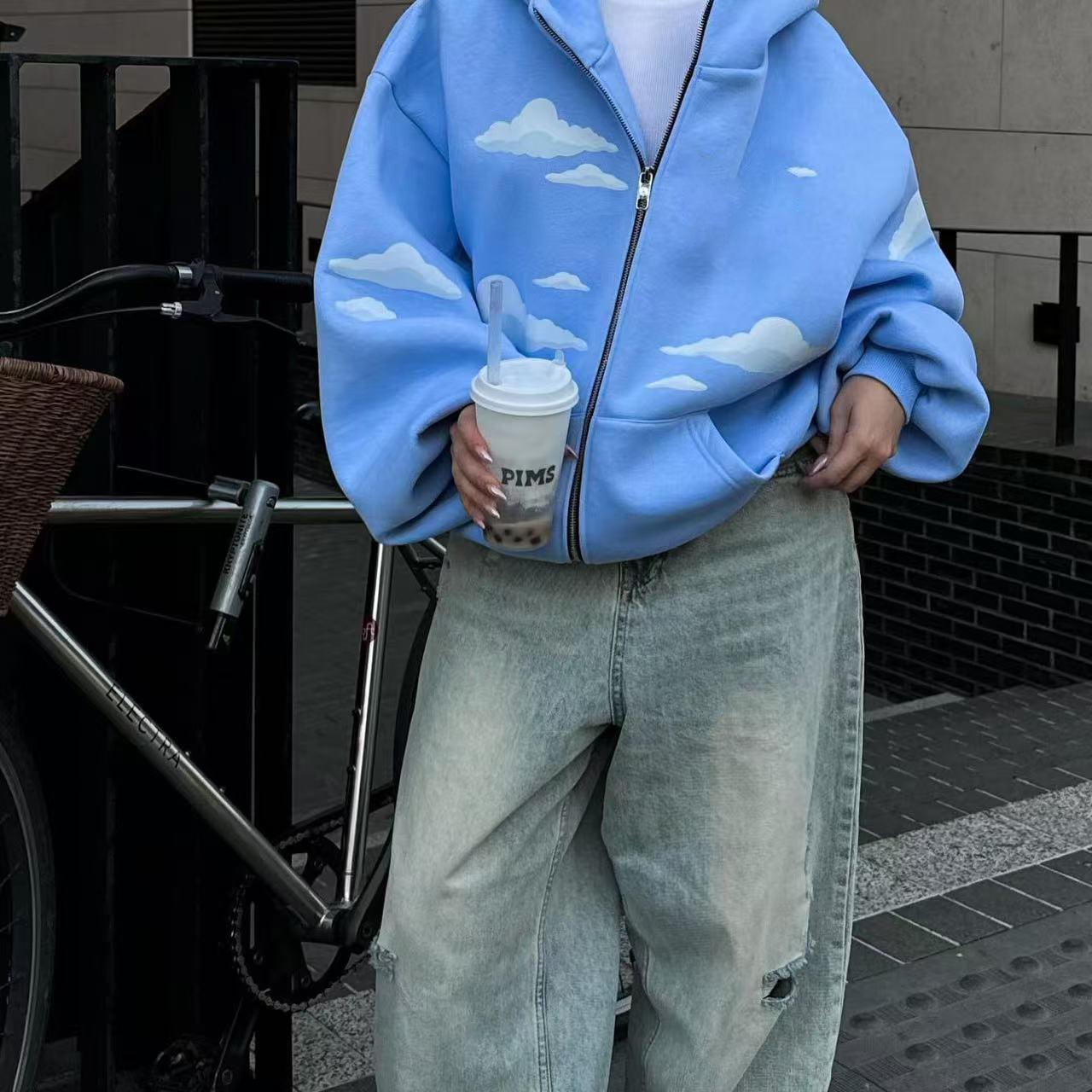 Women's Cloud Print Zip-Up Hoodie Cozy Loose Sweatshirt