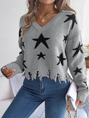 Women Casual V-neck Star Distressed Long Sleeve Knit Sweater