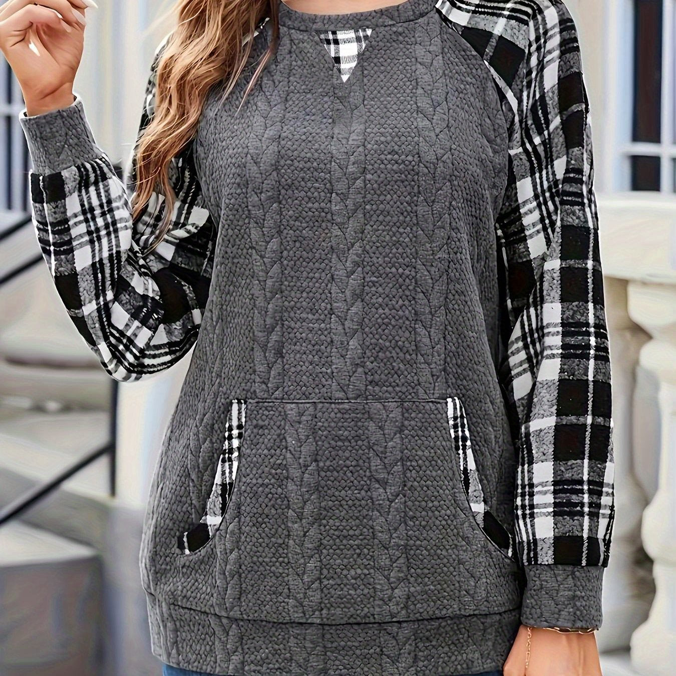Plus Size Long Sleeve Color-Block Sweater with Side Pockets