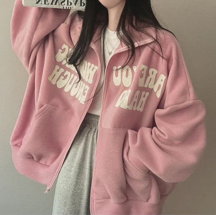 Women's Plus Velvet Alphabet Zip-Up Loose Cardigan Sweater