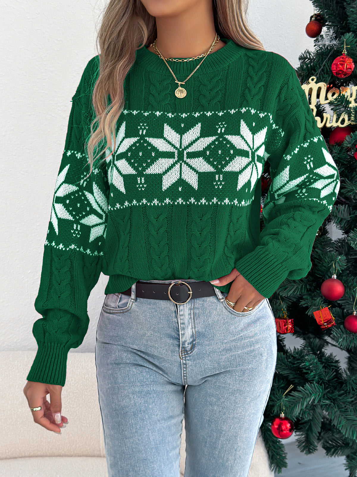 Snowflake Pattern Lantern Sleeve Pullover Sweater