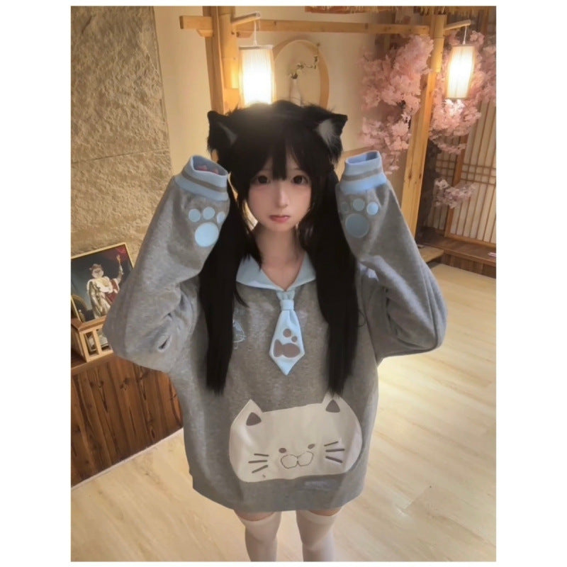 Cute Embroidered Cloud Cat Navy Collar Long Sleeve Sweater