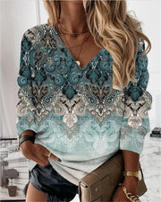 Women's Geometric Floral V-neck Long Sleeve Loose Sweater