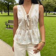 V-neck Lace Shirt With Tie-detail Top