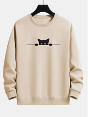 Cute Cat Print Round Neck Casual Pullover Sweater