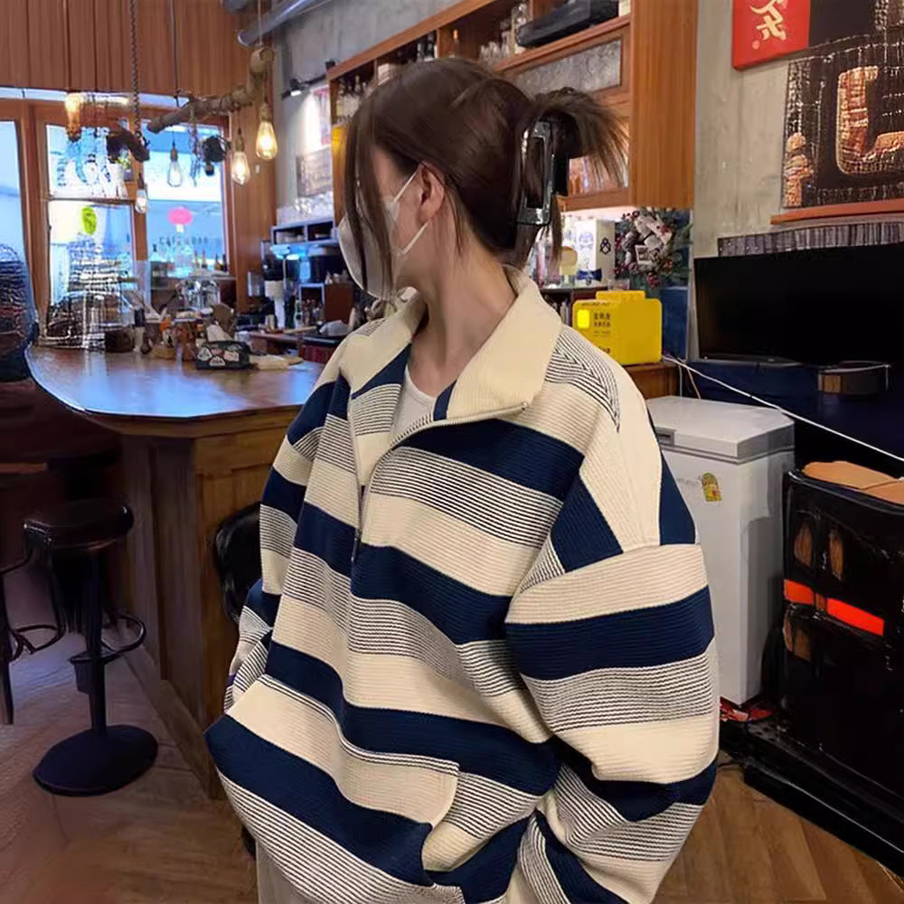 Women's Retro Half-Zip Striped Sweatshirt