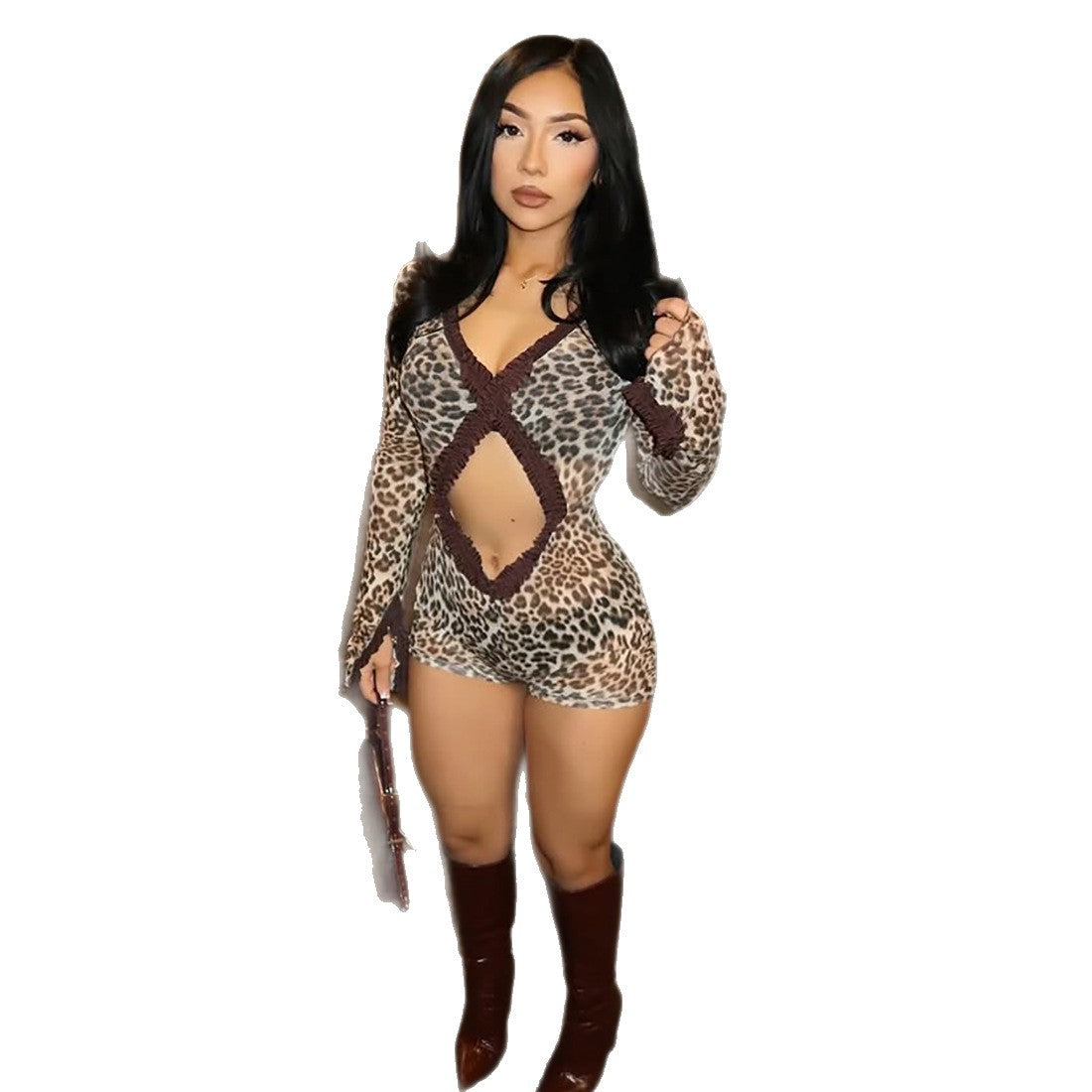 Sexy Tight Cut-Out Print Sheer Jumpsuit With Midriff-Baring Design For Women