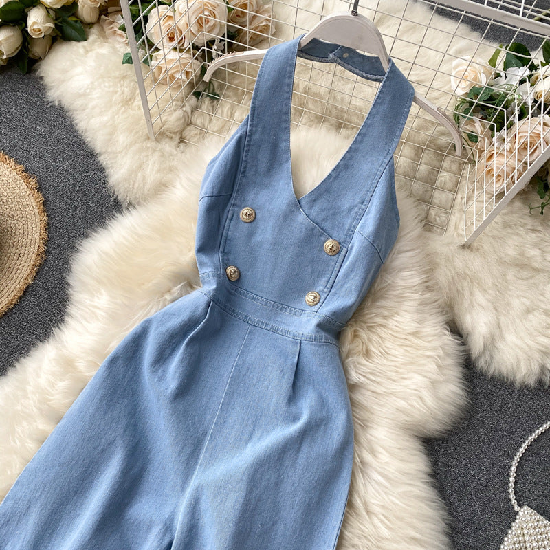 Elegant Neck-hanging Sleeveless Open-back High-waist Slimming Wide-leg Pants