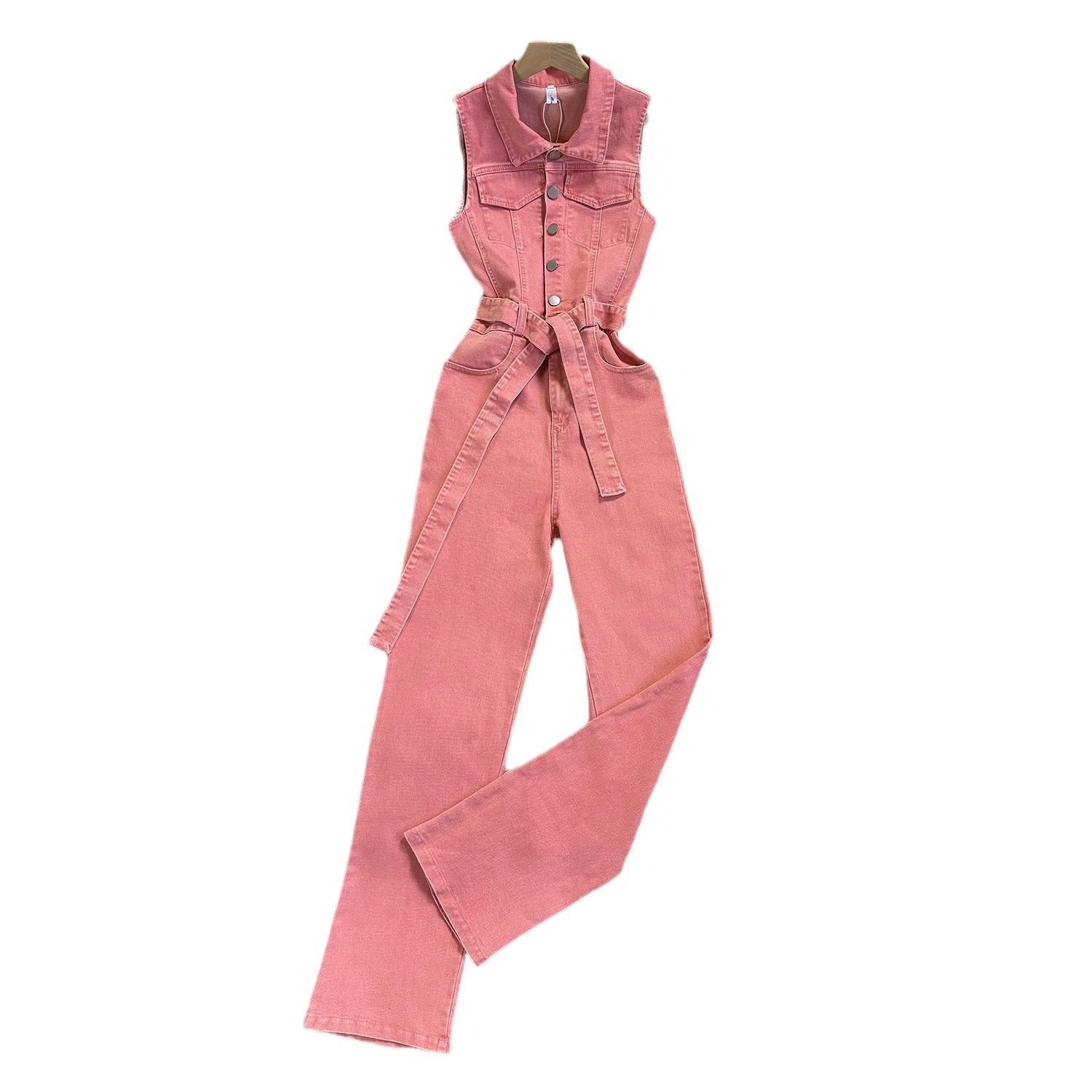 Chic Pink Denim Jumpsuit with Waist-Controlling Belt