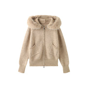 Fur Collar Hooded Knitted Coat for Women